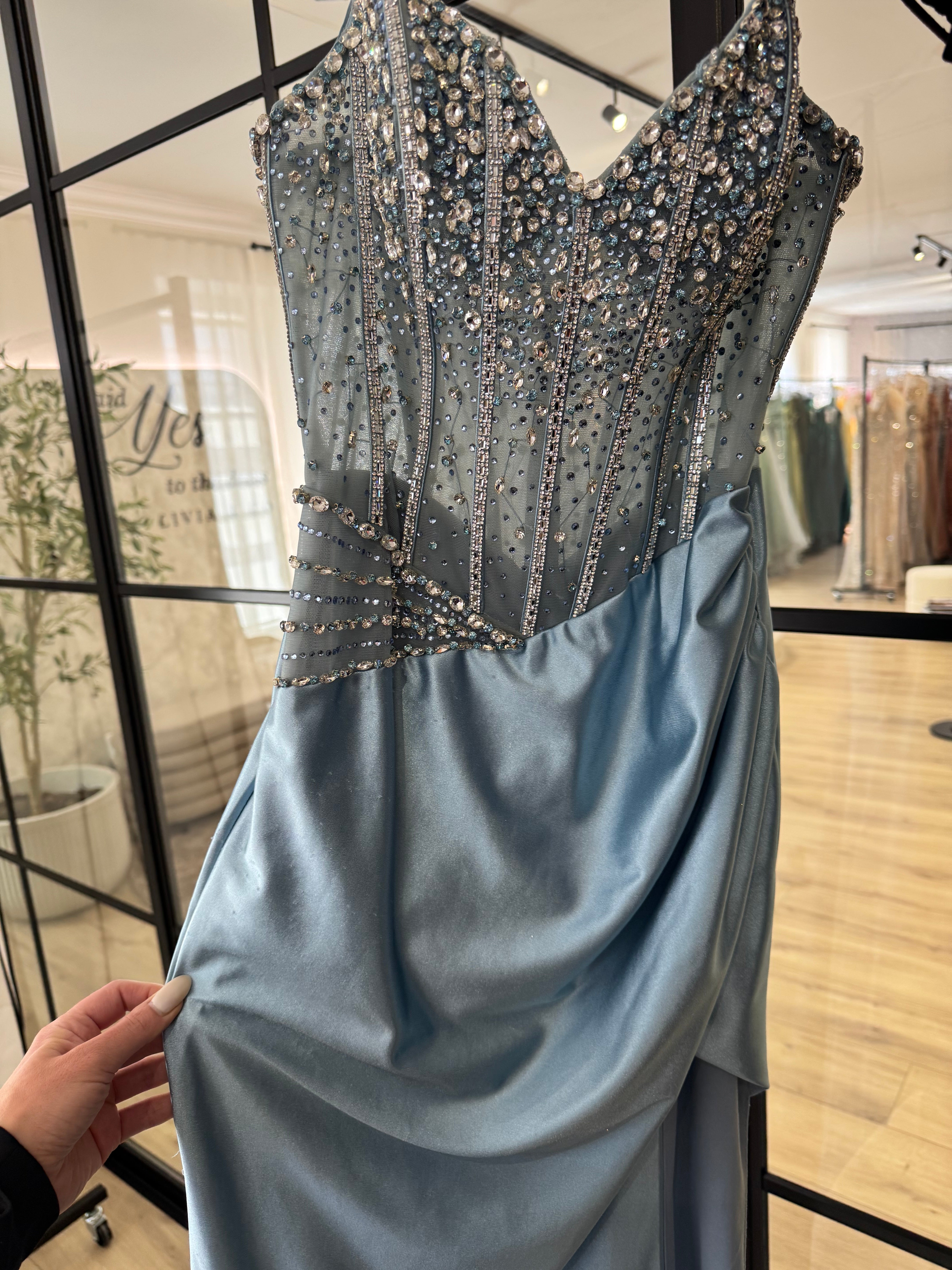 STRAPLESS BEADED BODICE & SATIN SKIRT FITTED DRESS- CDS538 (SHOWROOM SALE)