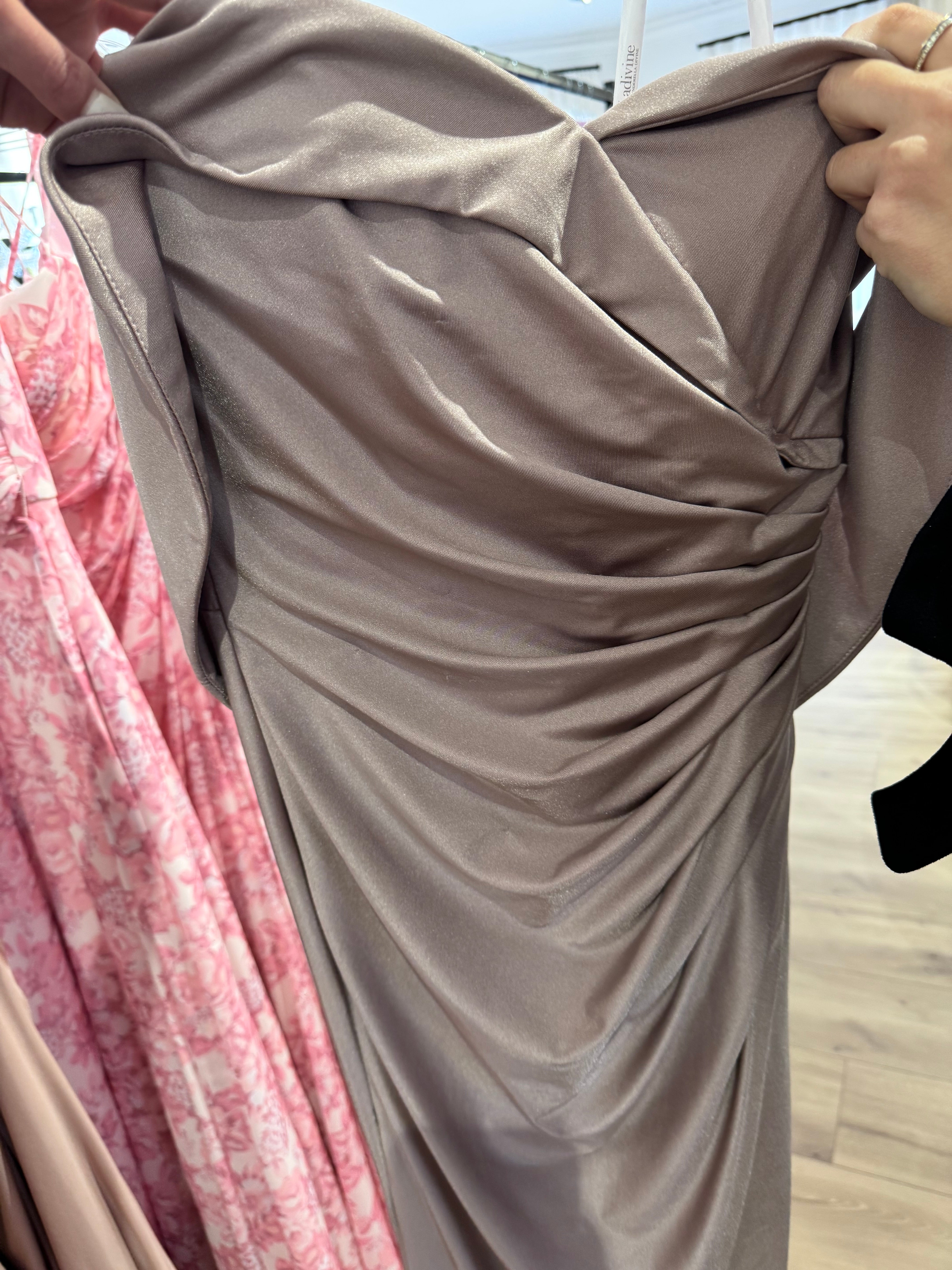 MAUVE OFF THE SHOULDER STRETCH EVENING GOWN- KV1050 (SHOWROOM SALE)