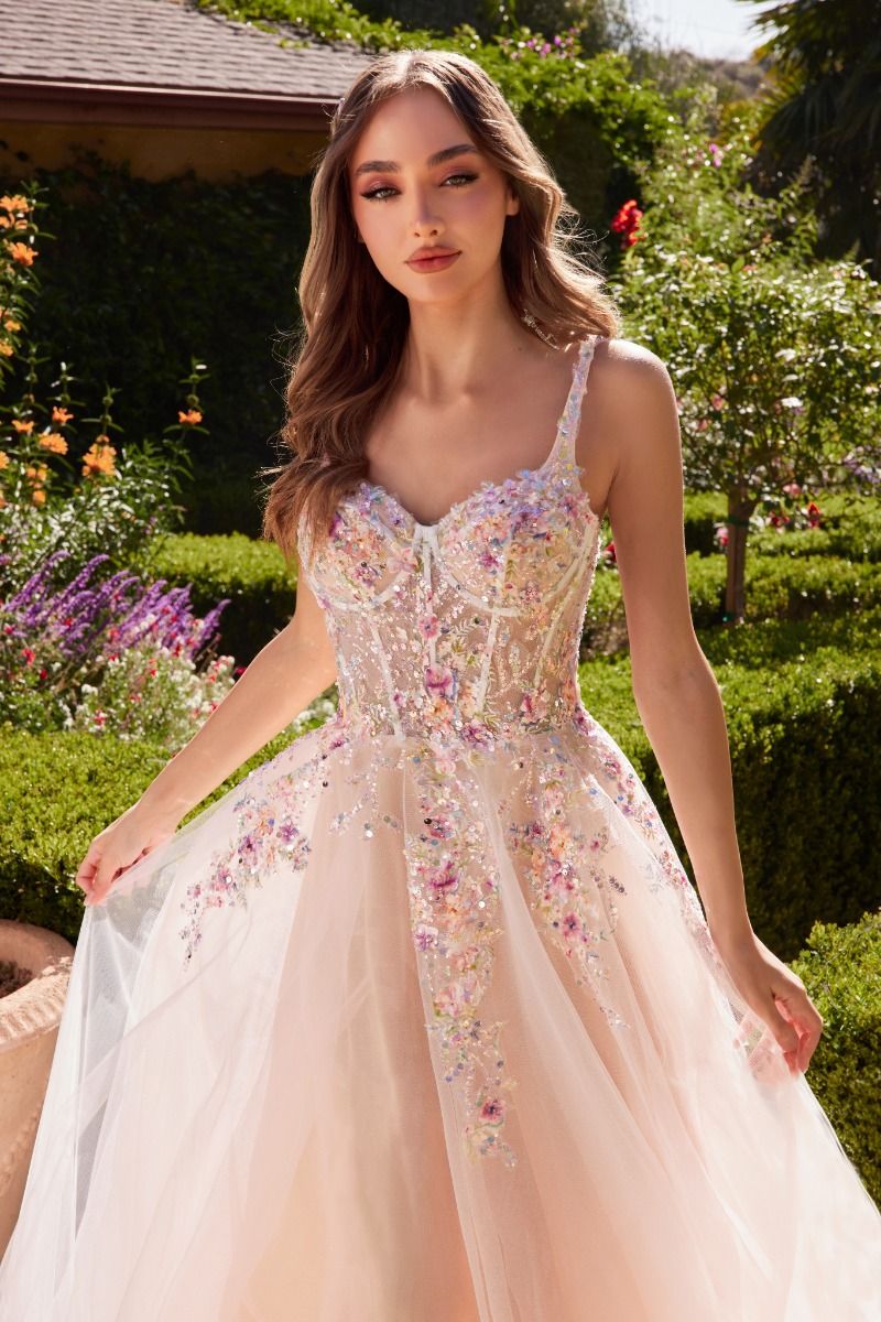 WHITE A-LINE DRESS WITH MULTI COLOURED FLORAL EMBELLISHMENT- A1288