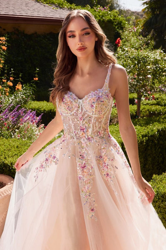 WHITE A-LINE DRESS WITH MULTI COLOURED FLORAL EMBELLISHMENT- A1288*