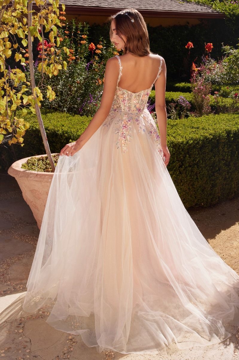 WHITE A-LINE DRESS WITH MULTI COLOURED FLORAL EMBELLISHMENT- A1288
