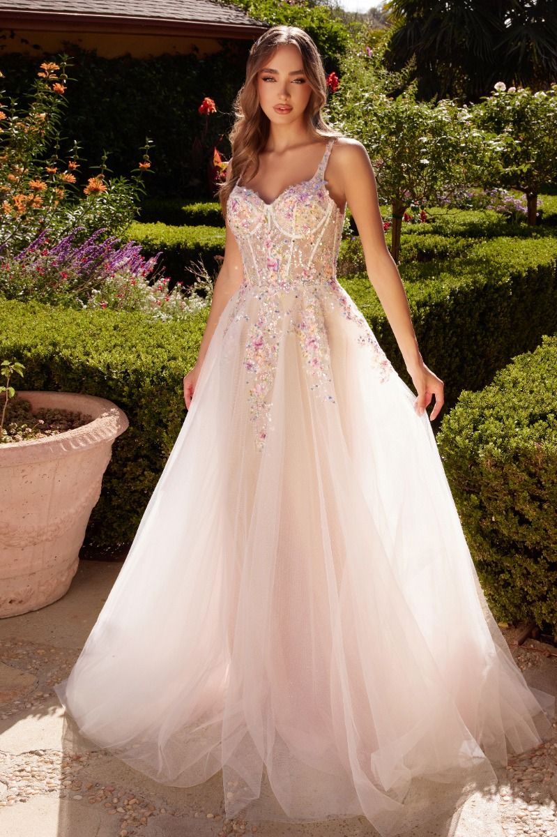 WHITE A-LINE DRESS WITH MULTI COLOURED FLORAL EMBELLISHMENT- A1288
