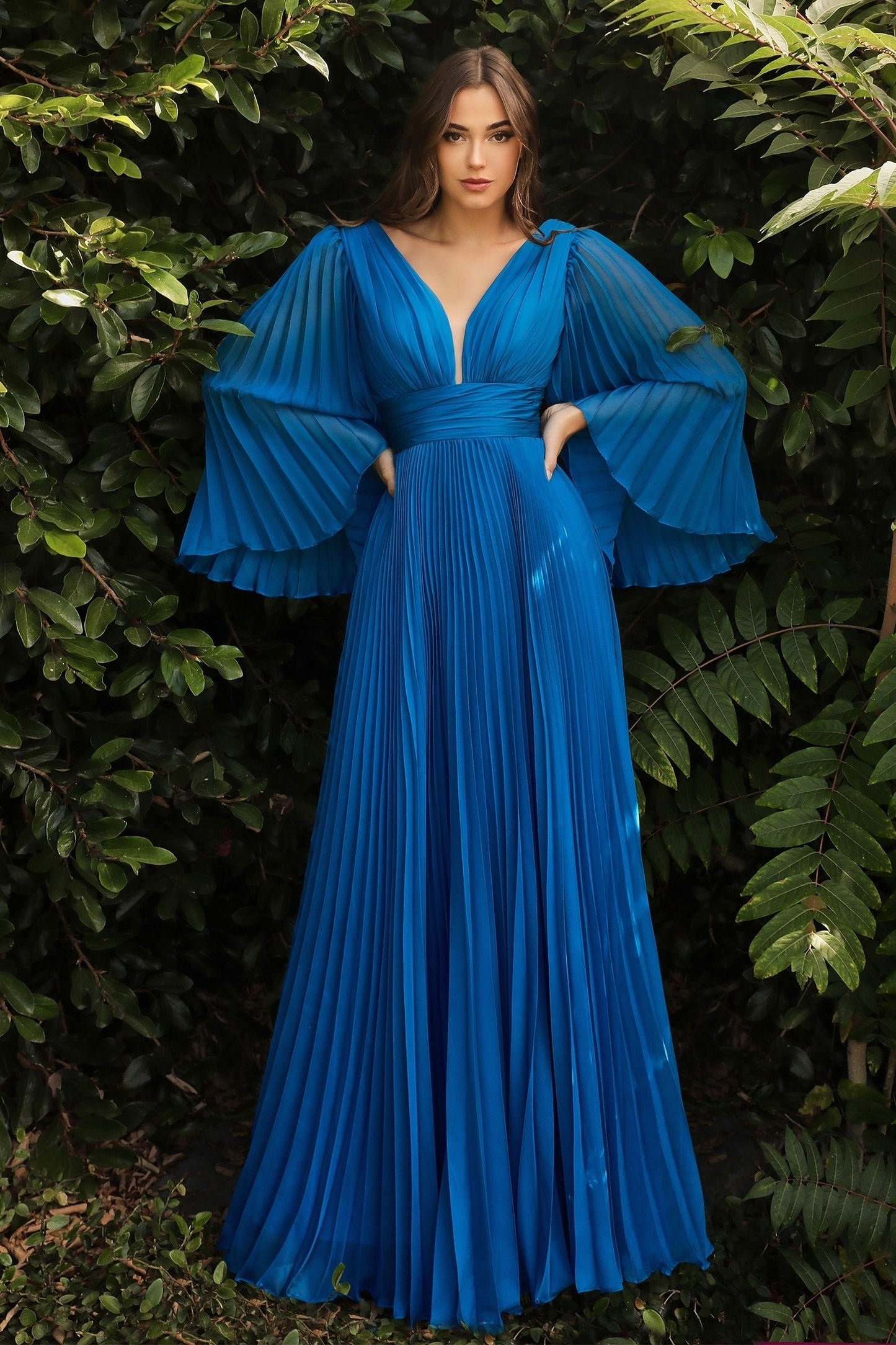TEAL PLEATED CHIFFON LONG SLEEVE GOWN- CD242 (RENTAL)