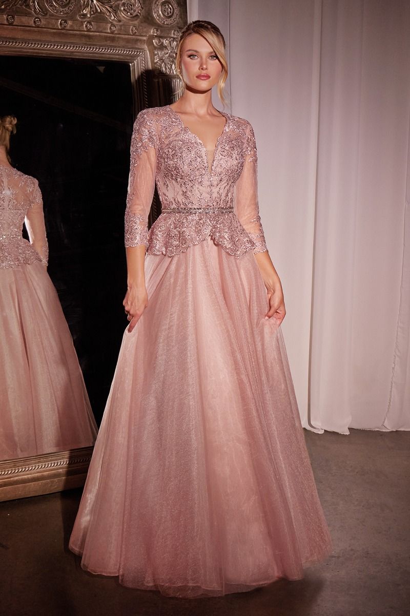 DUSTY ROSE THREE QUARTER SLEEVE LACE & TULLE A-LINE DRESS- CD789 (RENTAL)