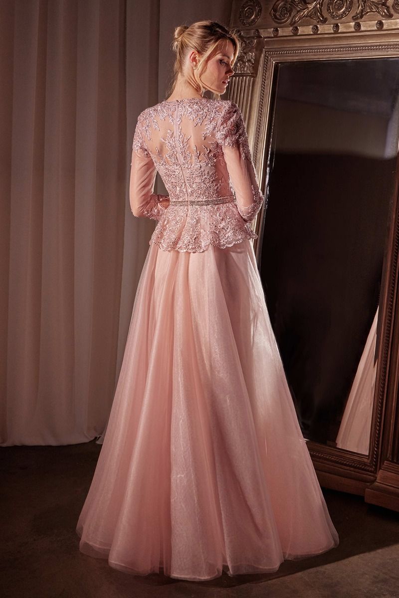 DUSTY ROSE THREE QUARTER SLEEVE LACE & TULLE A-LINE DRESS- CD789 (RENTAL)