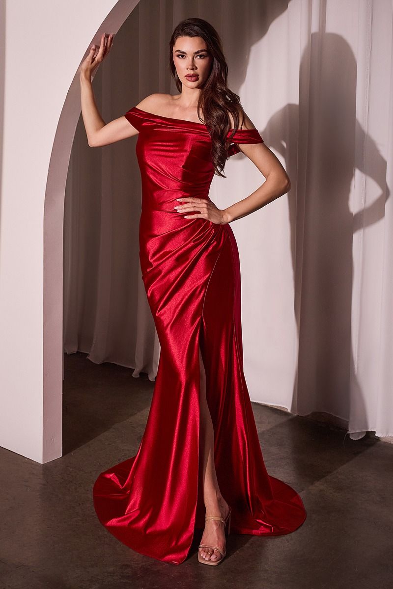 GLISTENING SATIN OFF THE SHOULDER GOWN- J877