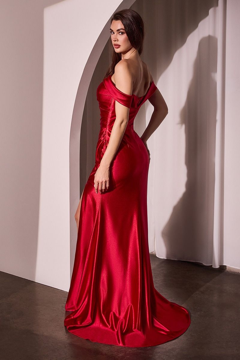 GLISTENING SATIN OFF THE SHOULDER GOWN- J877