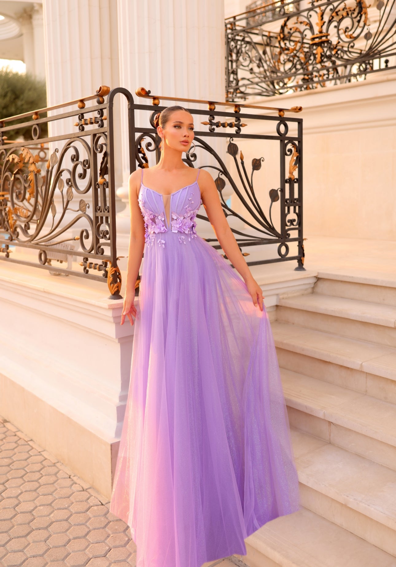 CORSET BONE TOP WITH 3D FLORAL DETAILS A LINE BALL GOWN DRESS- LEA TE218