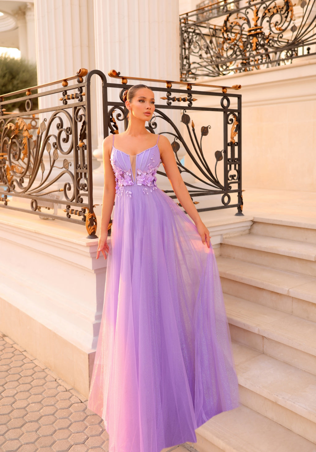 CORSET BONE TOP WITH 3D FLORAL DETAILS A LINE BALL GOWN DRESS- LEA TE218  Lilac