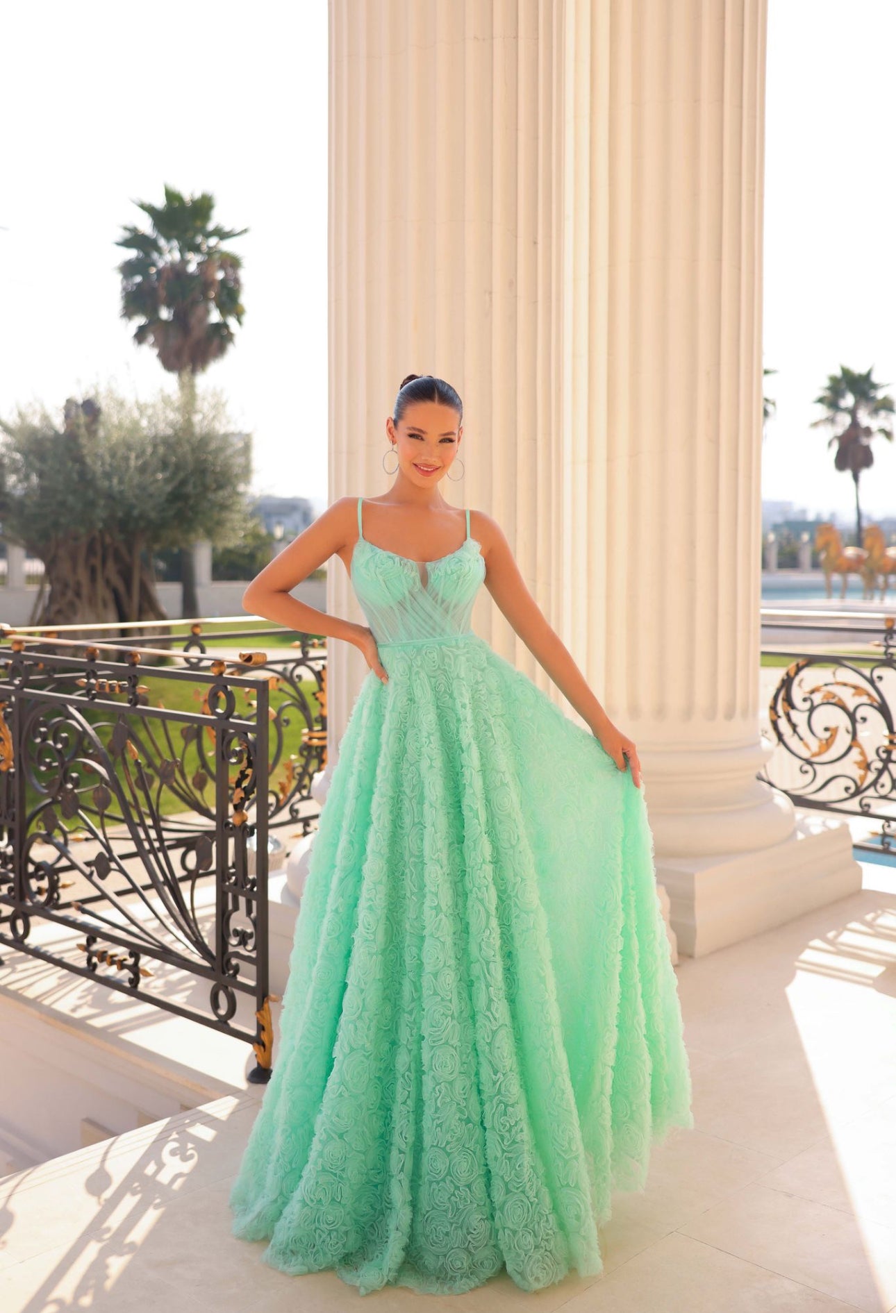 3D FLORAL MESH A LINE BALL GOWN DRESS- ELICIA TY300*