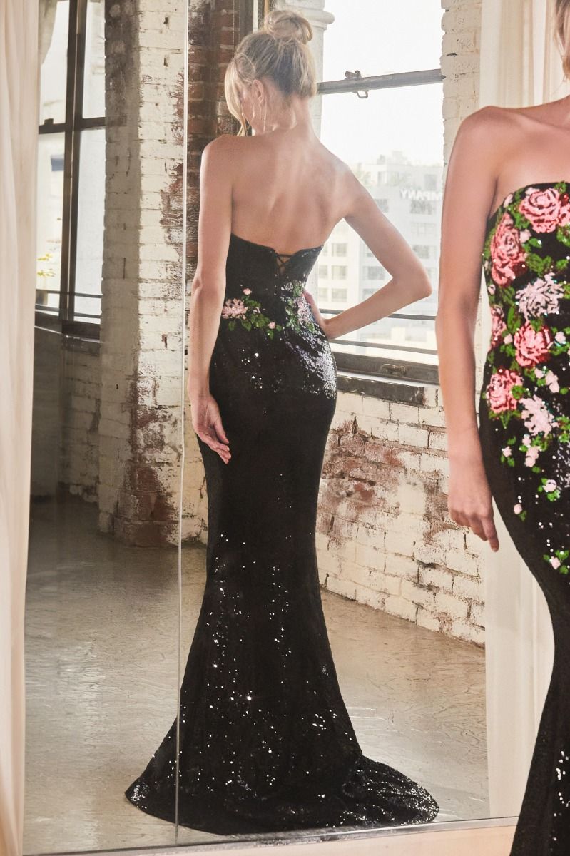 STRAPLESS FLORAL PATTERNED SEQUIN DRESS- CD811