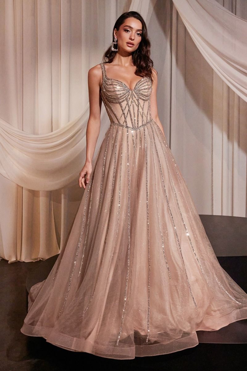 ROSE CHAMPAGNE EMBELLISHED A LINE LAYERED TULLE DRESS CD849