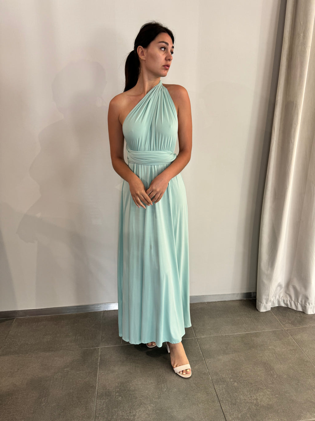 slim fit dress slacks Zapaka Women Sea Glass Long Bridesmaid Dress A-Line One Shoulder Wedding Guest Dress, Chiffon Color / US22W