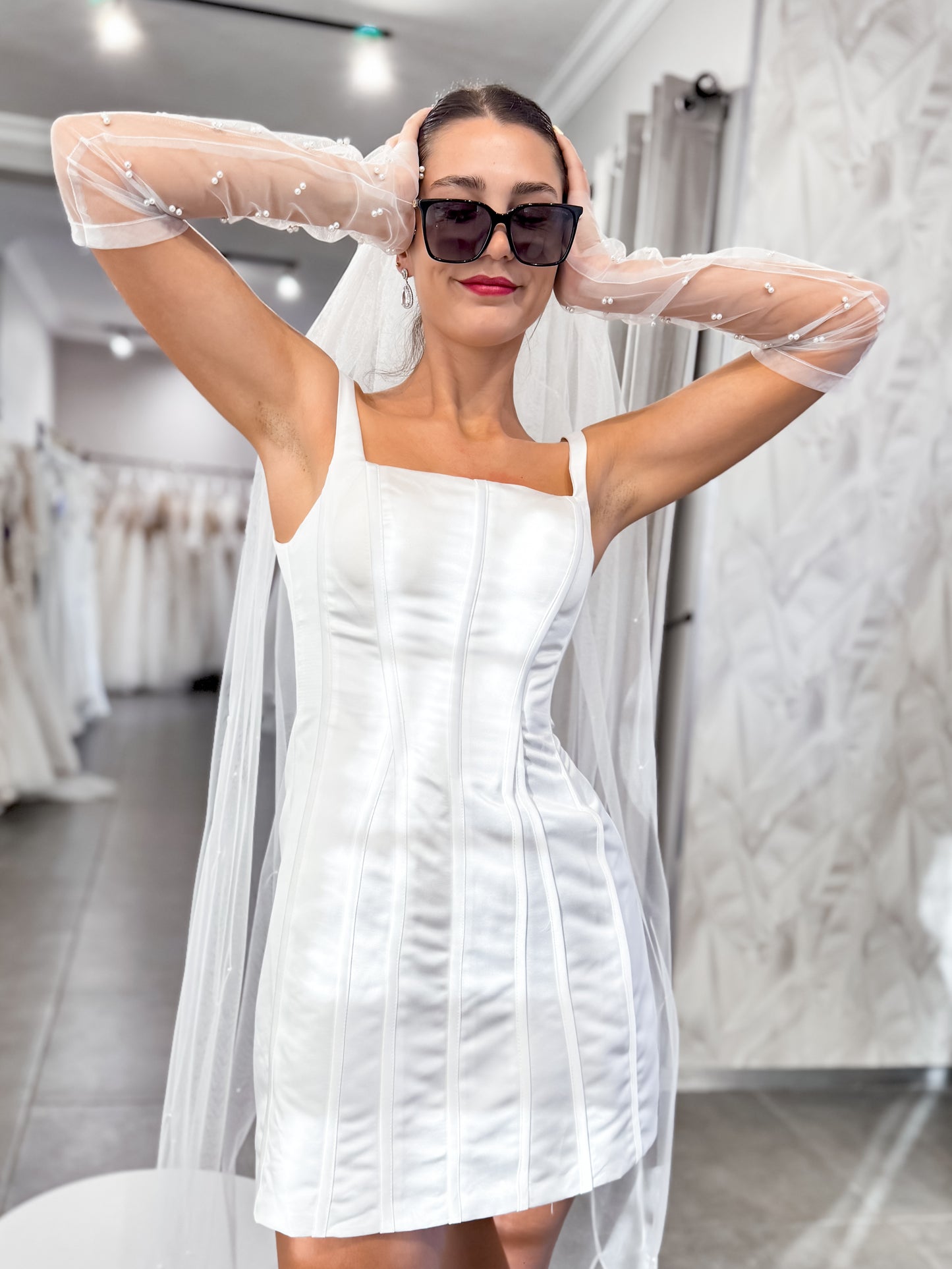 WHITE SQUARE NECK SATIN PARTY DRESS (SHOWROOM SALE)