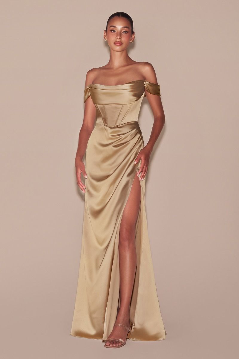 SATIN OFF THE SHOULDER CORSET GOWN -7492