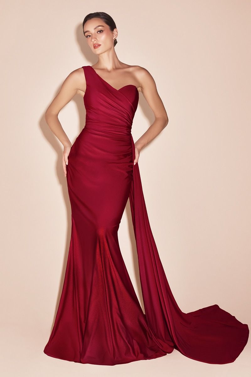ONE SHOULDER STRETCH SATIN GOWN- PT004