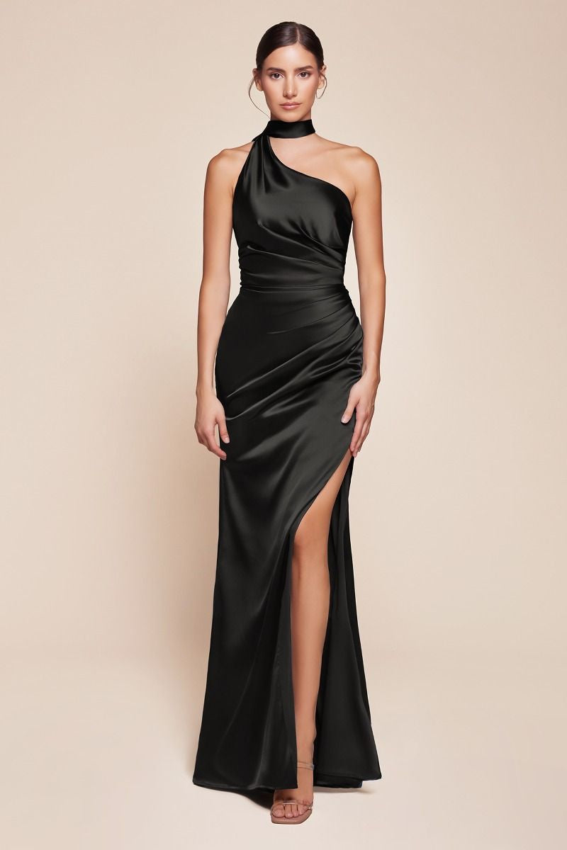 ONE SHOULDER LUXE SATIN FITTED GOWN- 7454
