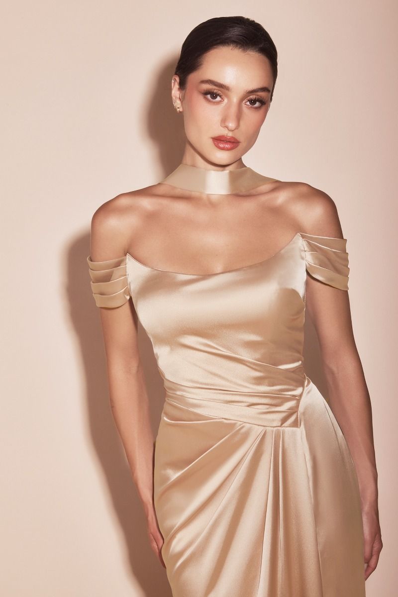 OFF THE SHOULDER LACE UP CORSET SATIN GOWN- 7452