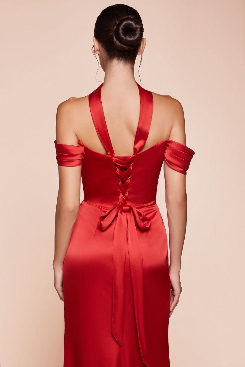 OFF THE SHOULDER LACE UP CORSET SATIN GOWN- 7452