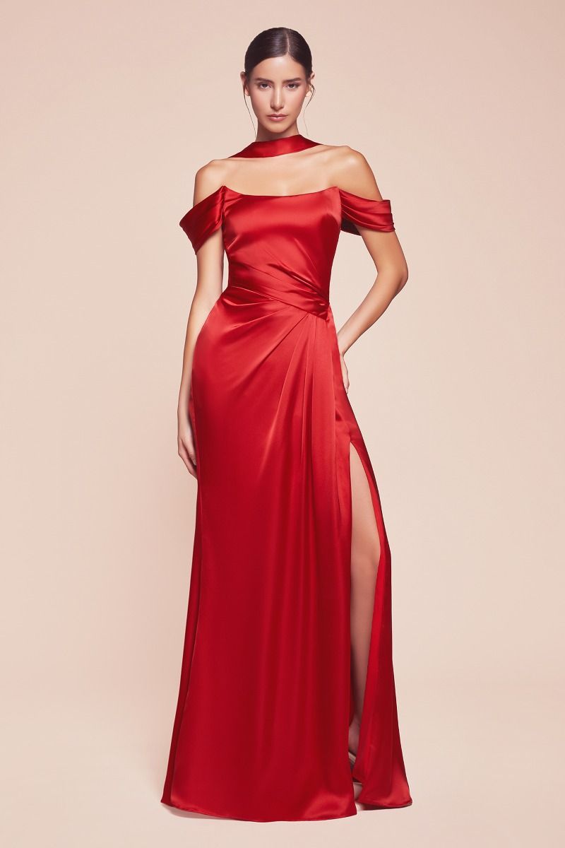 OFF THE SHOULDER LACE UP CORSET SATIN GOWN- 7452