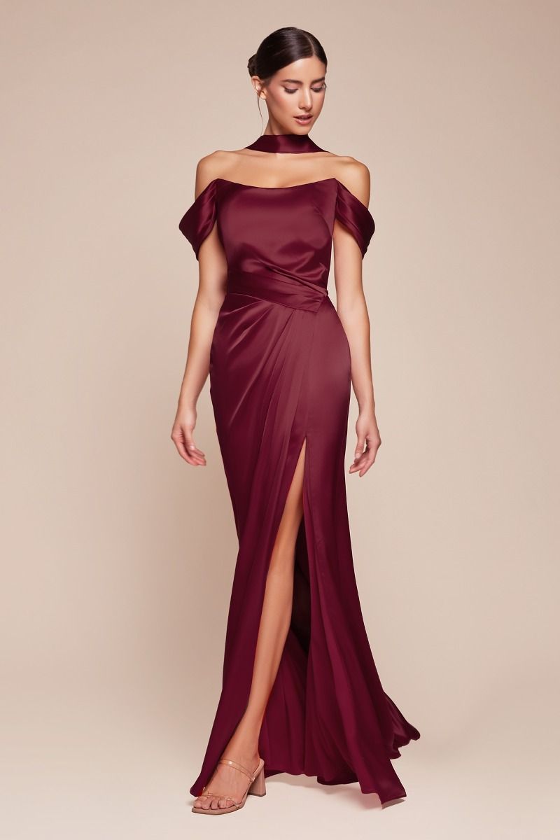 OFF THE SHOULDER LACE UP CORSET SATIN GOWN- 7452