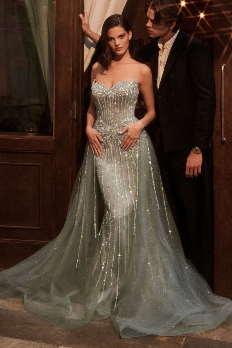 STRAPLESS CRYSTAL EMBELLISHED GOWN WITH OVERSKIRT- CB158