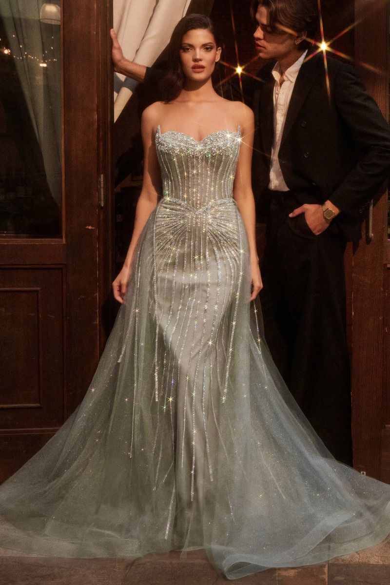 STRAPLESS CRYSTAL EMBELLISHED GOWN WITH OVERSKIRT- CB158