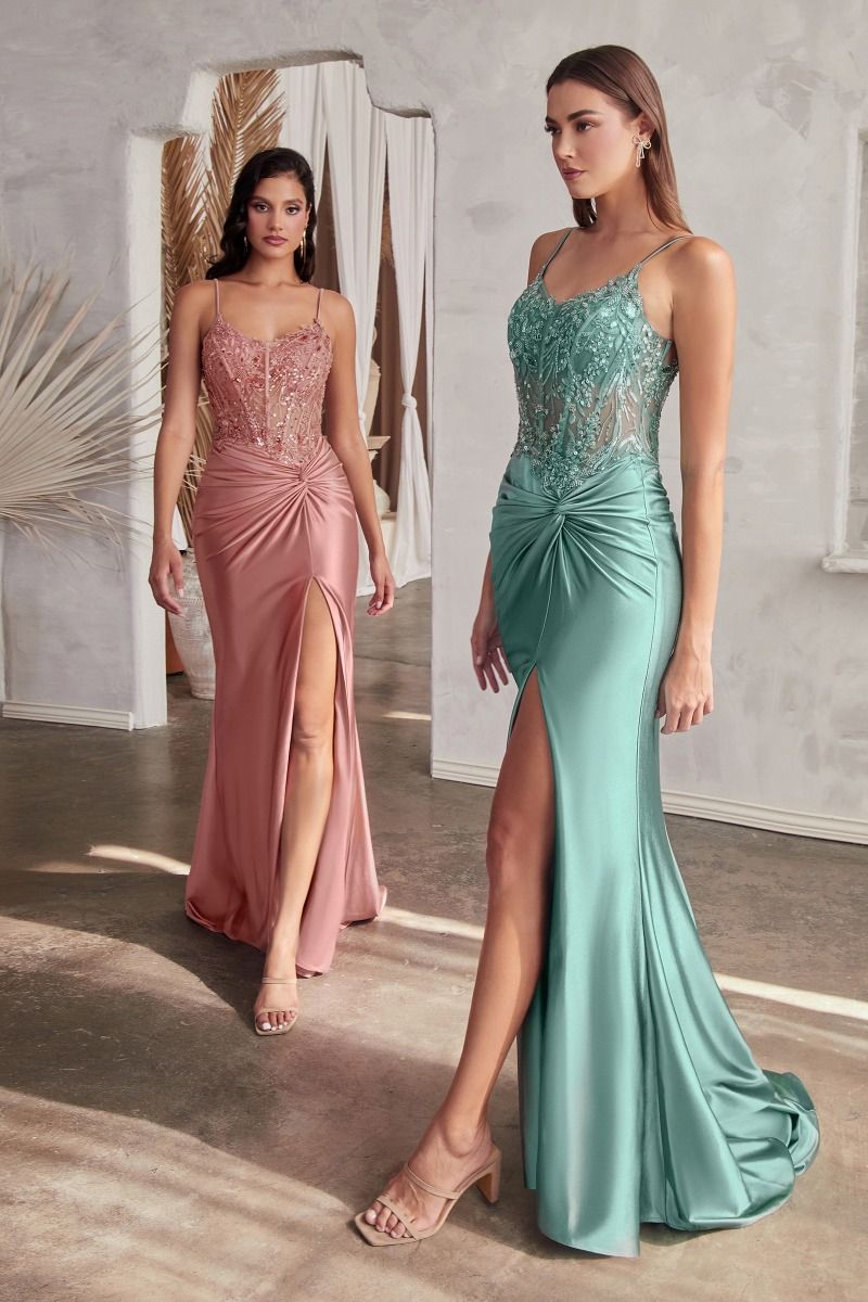 FITTED SATIN GOWN WITH EMBELLISHED BODICE- CD0176