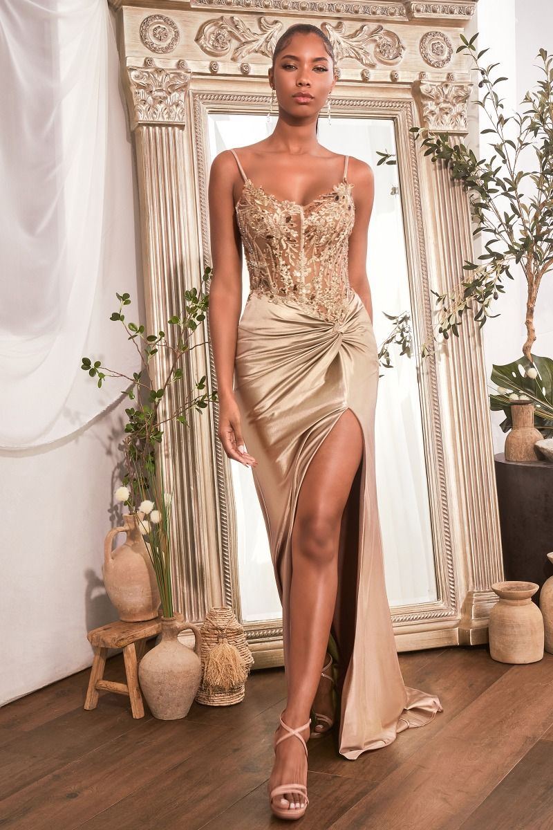 FITTED SATIN GOWN WITH EMBELLISHED BODICE- CD0176