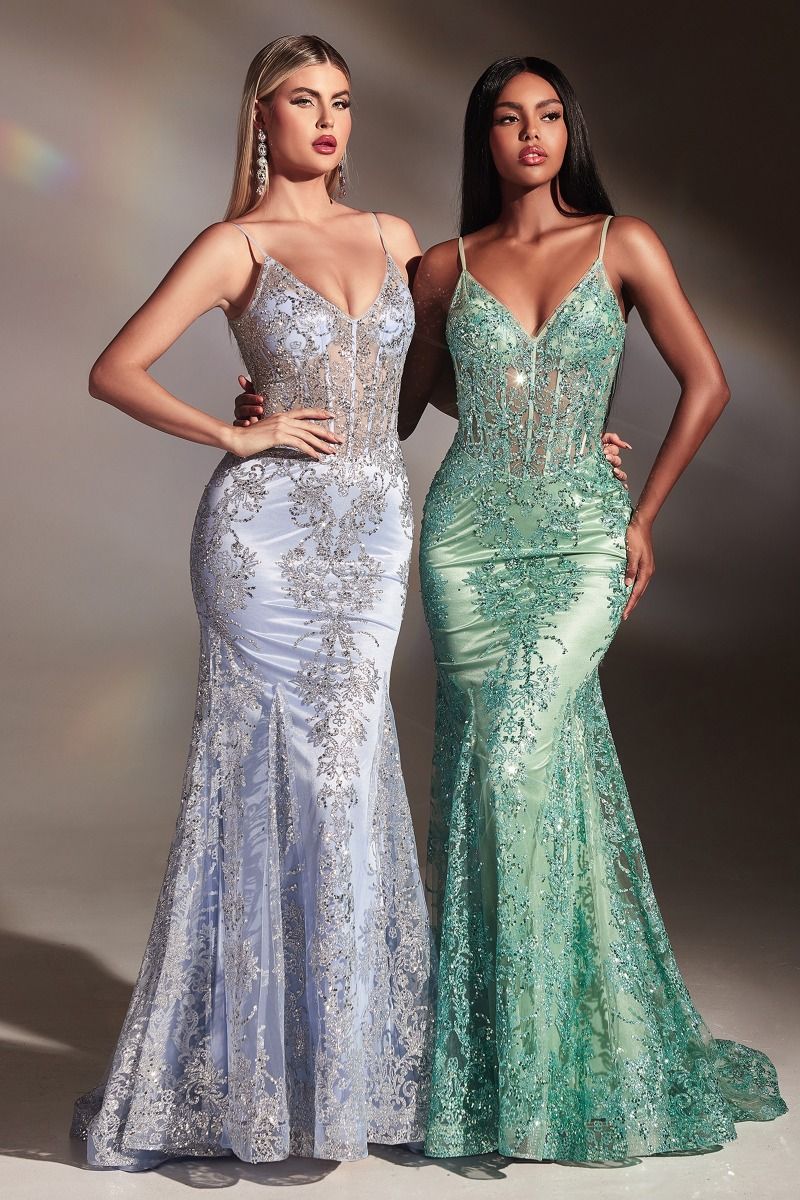 FITTED FLORAL GLITTER PRINT CORSET GOWN- J810