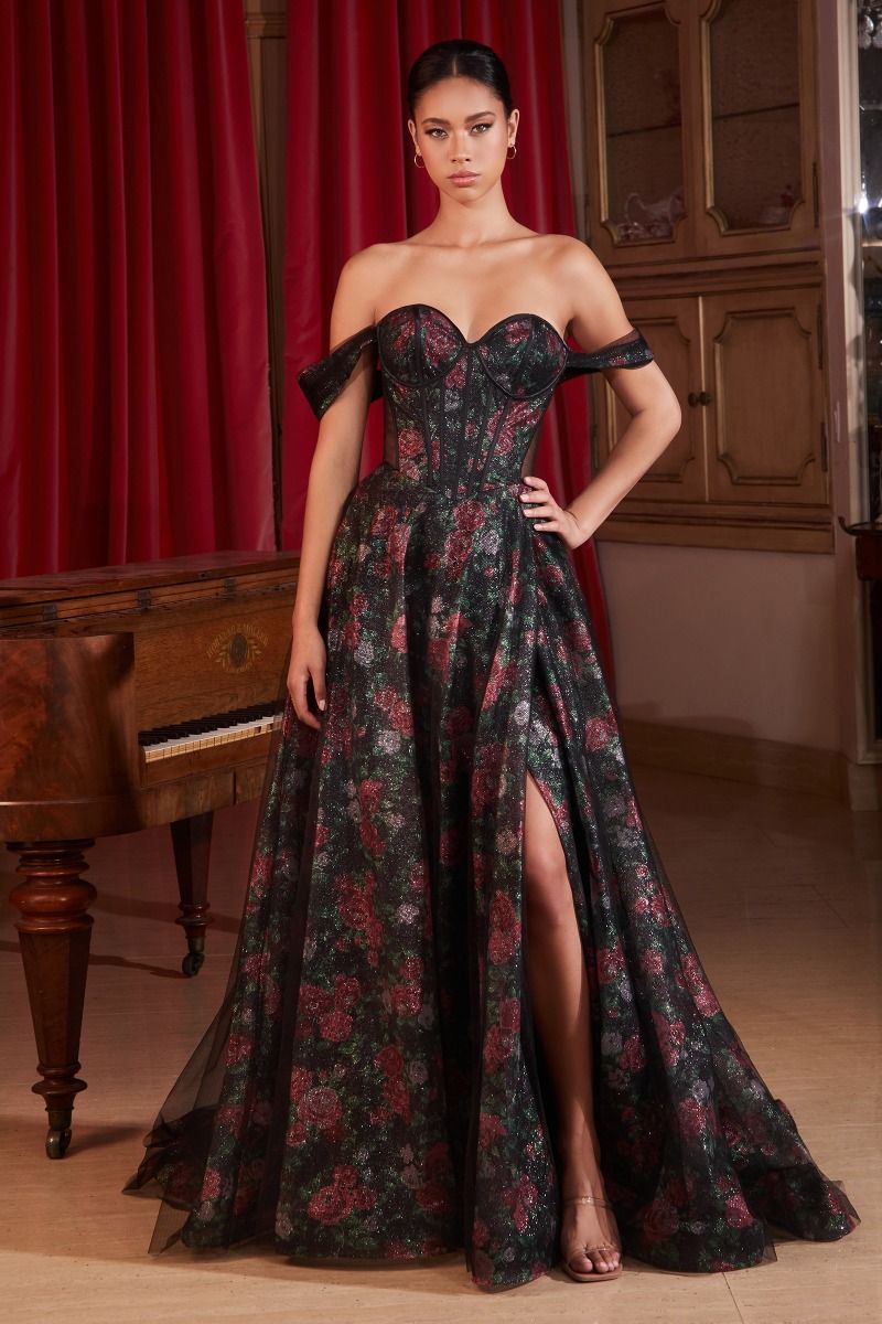 BLACK OFF THE SHOULDER BALL GOWN WITH FLORAL UNDERLAY- CD806 (RENTAL)
