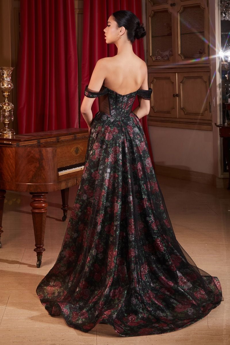 BLACK OFF THE SHOULDER BALL GOWN WITH FLORAL UNDERLAY- CD806 (RENTAL)