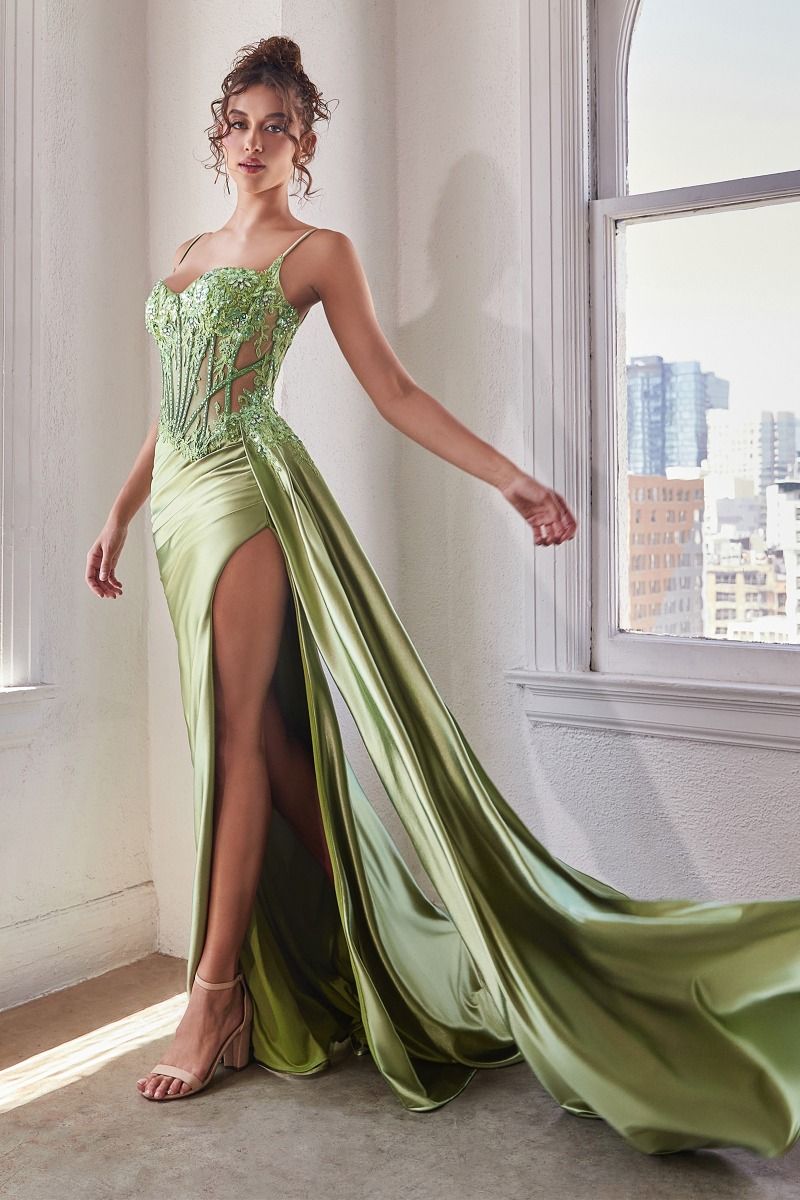 EMBELLISHED LACE & SATIN FITTED GOWN- CD868