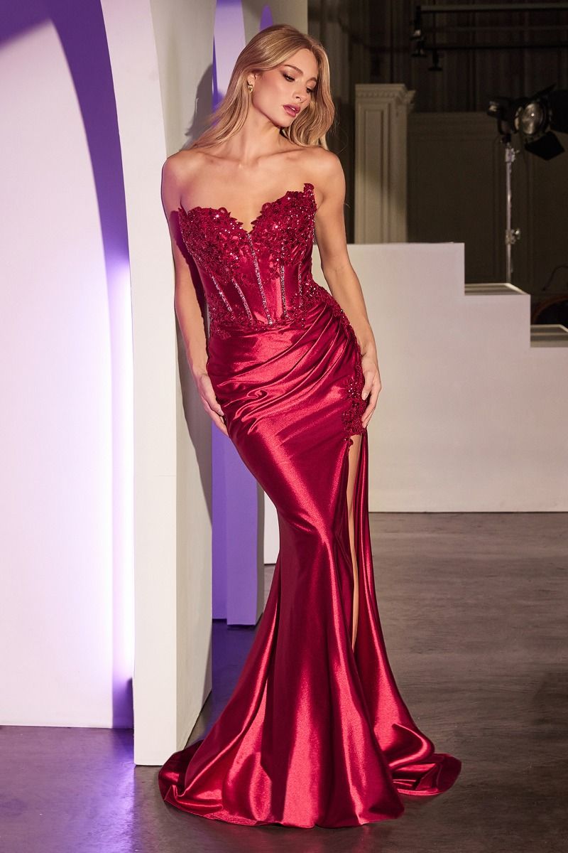FITTED STRAPLESS LACE & SATIN GOWN- KV1116
