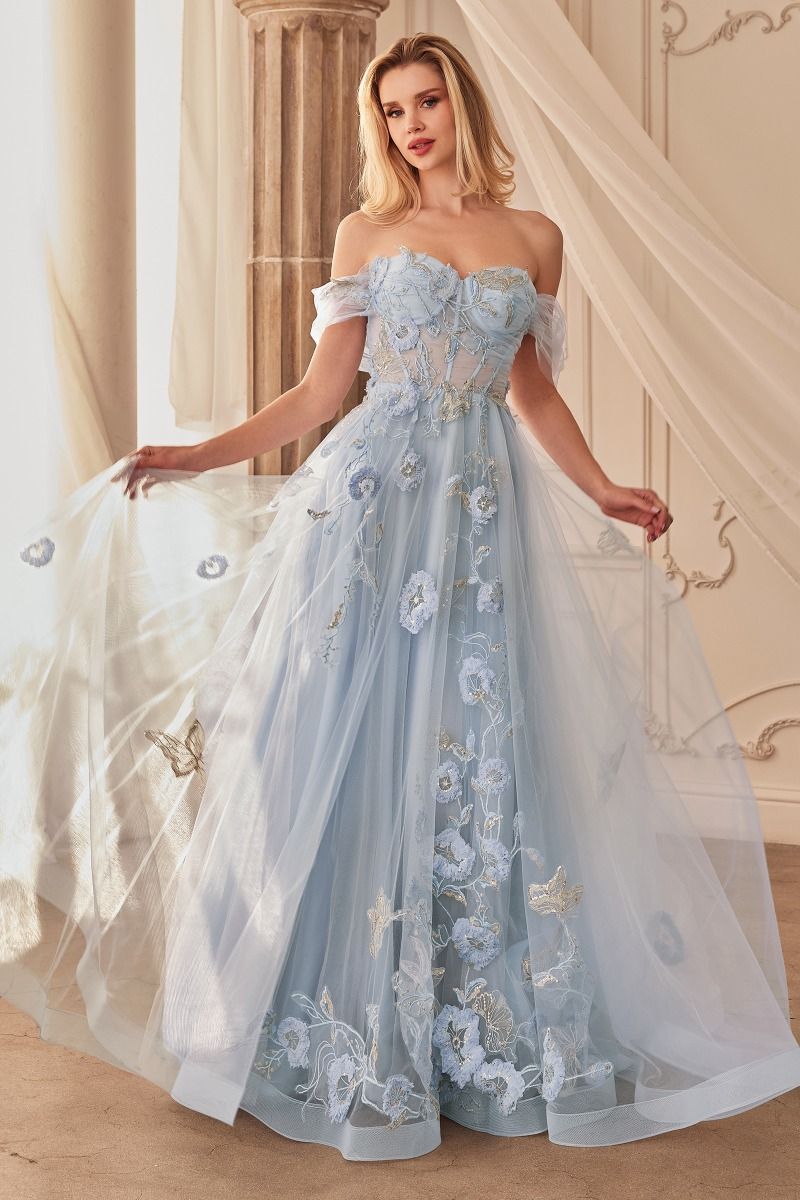 OFF THE SHOULDER FLORAL APPLIQUE BALL GOWN- A1246