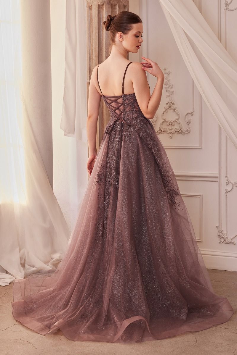 LACE EMBELLISHED A-LINE LAYERED TULLE GOWN- A1261