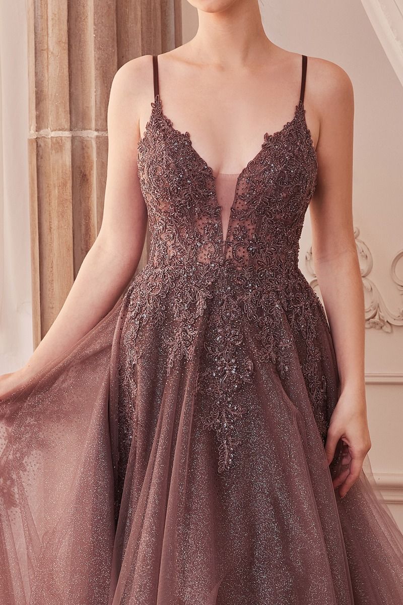 LACE EMBELLISHED A-LINE LAYERED TULLE GOWN- A1261