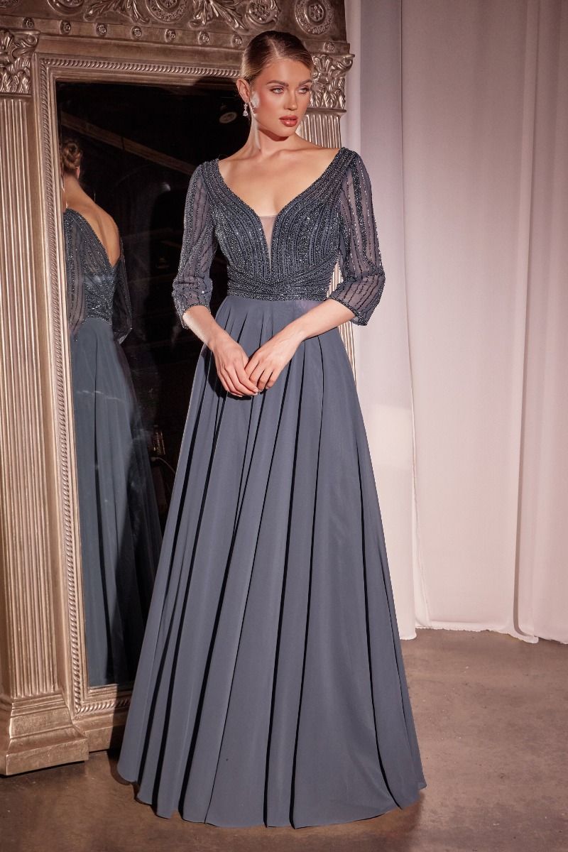 THREE QUARTER SLEEVE BEADED CHIFFON DRESS- CC446