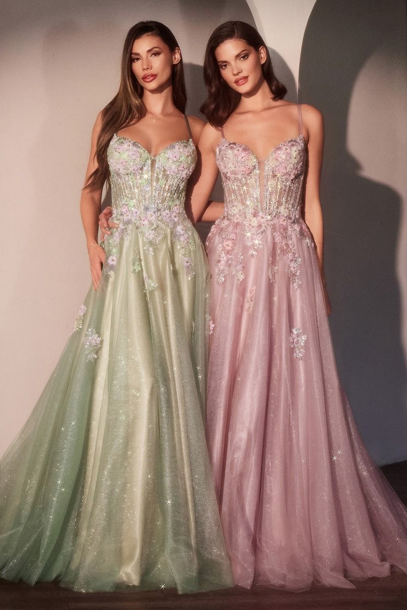 SAGE FLORAL A-LINE LAYERED GLITTER TULLE DRESS- CD740 (RENTAL)