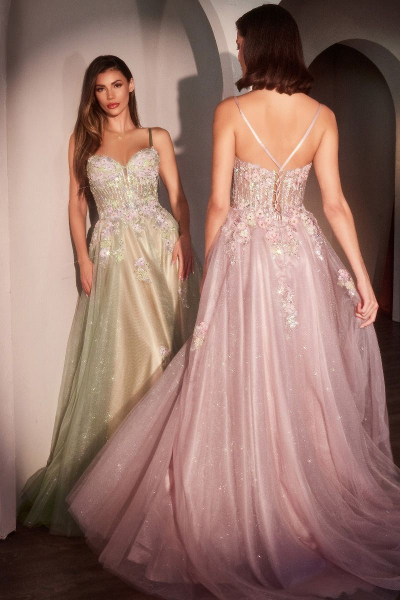 SAGE FLORAL A-LINE LAYERED GLITTER TULLE DRESS- CD740 (RENTAL)