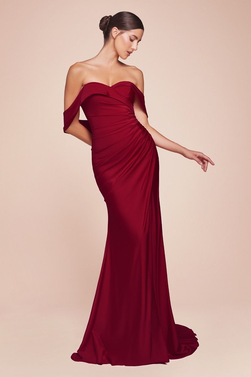 BURGUNDY OFF THE SHOULDER STRETCH EVENING GOWN-CD790 (RENTAL)