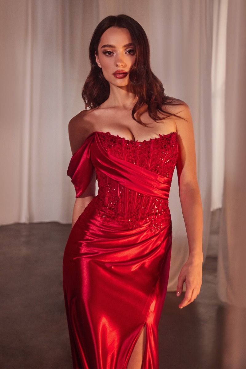 RED LACE & SATIN FIT & FLARE GOWN- CD804 (RENTAL)