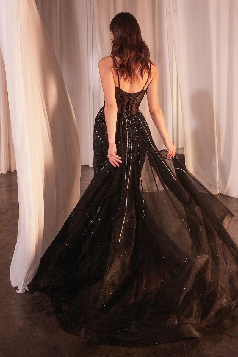 BLACK-NUDE BEADED FITTED GOWN WITH OVERSKIRT- CD863 (RENTAL)