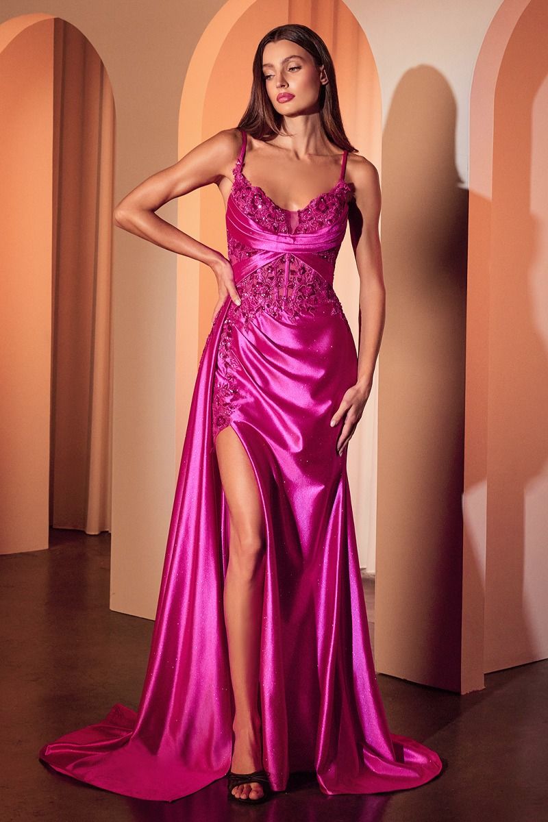 FITTED SATIN & LACE EVENING GOWN - CDS524