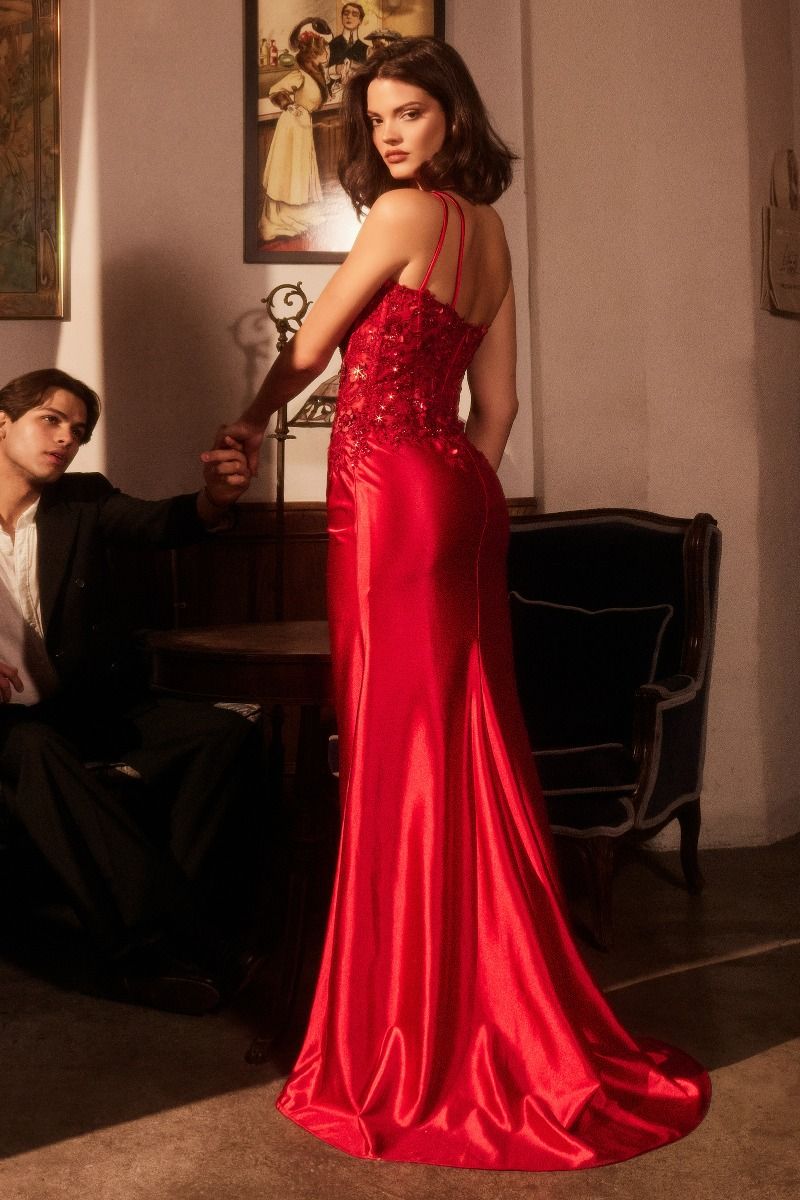 RED ONE SHOULDER SATIN DRESS WITH LACE APPLIQUE - CDS535 (RENTAL)