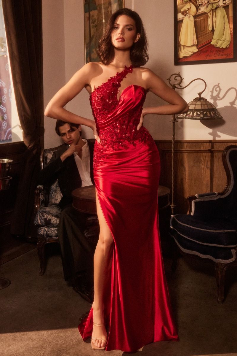 RED ONE SHOULDER SATIN DRESS WITH LACE APPLIQUE - CDS535 (SHOWROOM SALE)