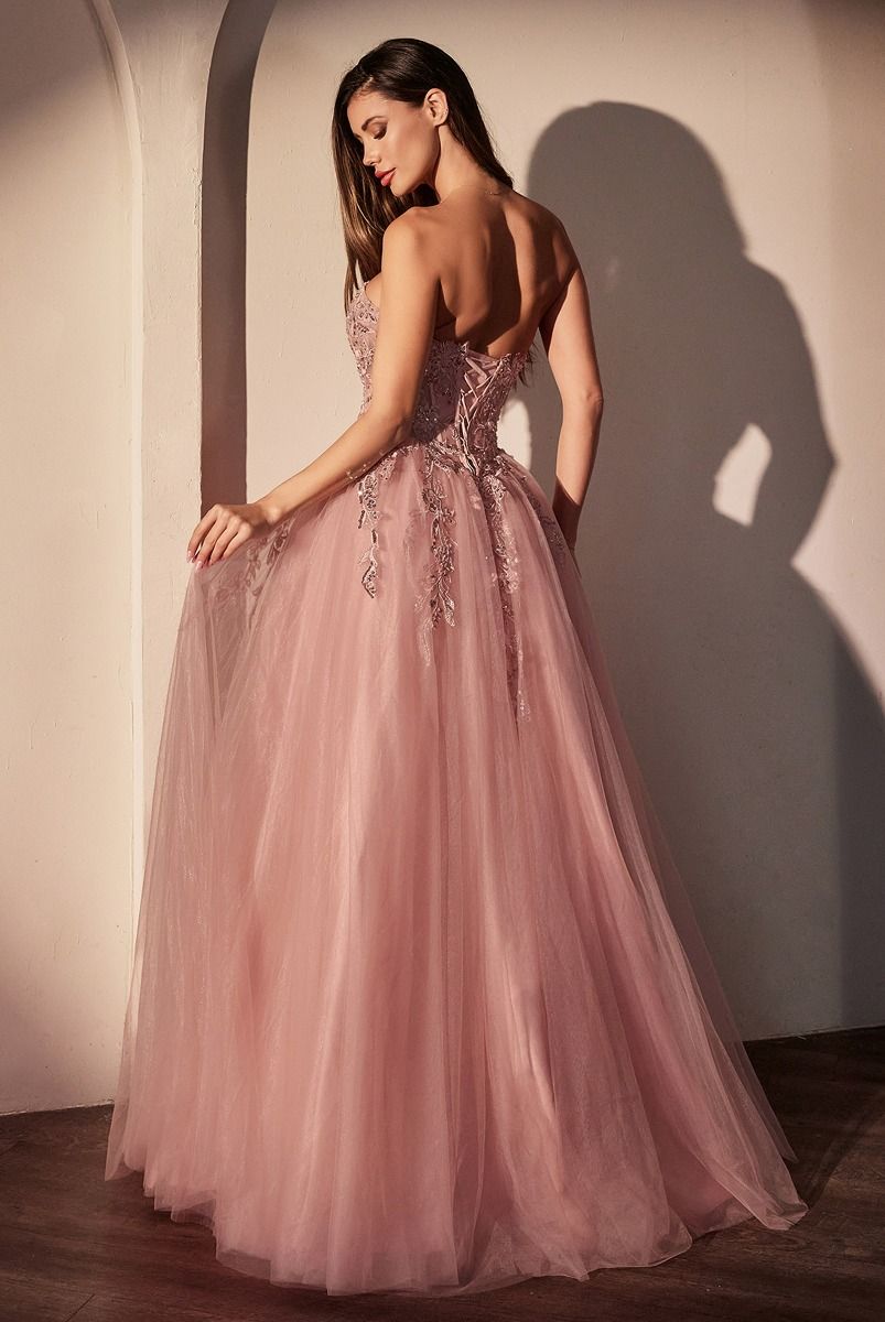 STRAPLESS PINK BALL GOWN WITH FLORAL APPLIQUE- CDS536