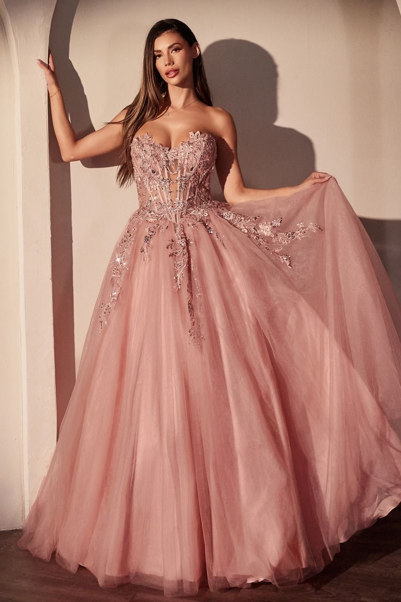 STRAPLESS PINK BALL GOWN WITH FLORAL APPLIQUE- CDS536