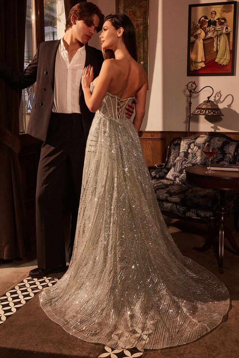 STRAPLESS GLITTER PRINTED GOWN & OVERSKIRT- CM384 (RENTAL)