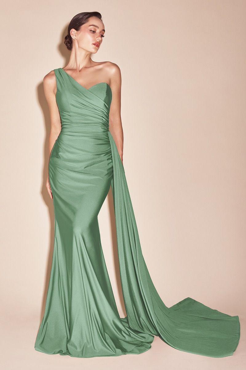 DARK SAGE ONE SHOULDER STRETCH SATIN GOWN- PT004 (RENTAL)